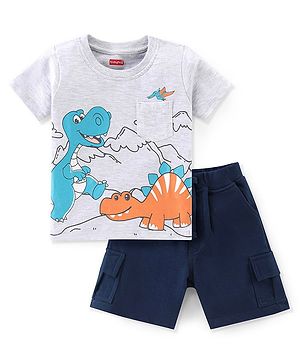 Babyhug 100% Cotton Single Jersey Knit Half Sleeves T-Shirt & Shorts Set Dino Print - Blue & White Melange