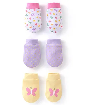 Babyhug 100% Cotton Knit Mittens Set Polka Dots & Butterfly Print Pack of 3 - Multicolour