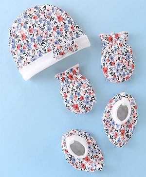 Babyhug 100% Cotton Cap Mittens And Booties Floral Print - Multicolour