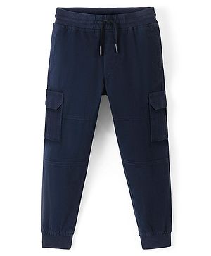 Pine Kids Cotton Elastane Full Length Solid Stretchable Track Pant with Draw Cord - Navy Blue