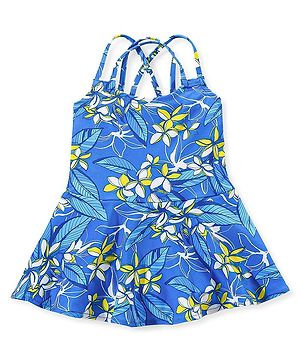 Babyhug Sleeveless Frock Style Swimsuit Floral Print - Blue