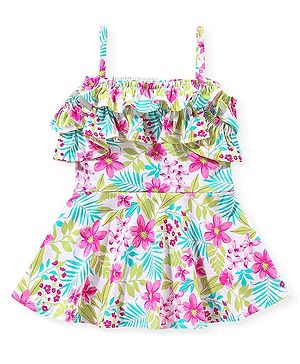 Babyhug Singlet Sleeves Ruffle & Floral Detailing Swimsuit Frock - Multicolour