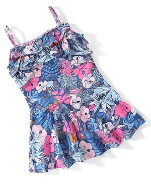 Babyhug Singlet Sleeves Ruffle & Floral Detailing Swimsuit Frock - Blue