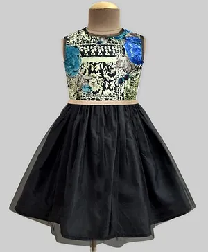 A.T.U.N Vintage Floral Velvet Tulle Overlay Dress - Black