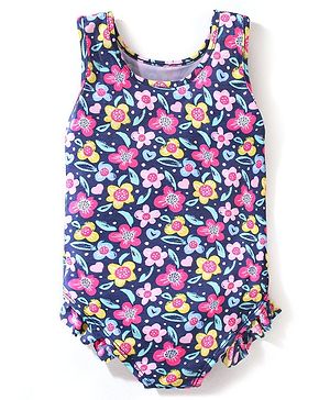 Babyhug Sleeveless V Cut Swimsuit Floral Print - Black