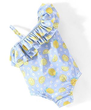 Babyhug Sleeveless One Shoulder V Cut Swimsuit Lemon Print - Blue
