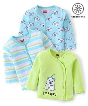 Babyhug 100% Cotton Antibacterial Vest Pack of 3 Striped and Bear Printed - Blue & Green