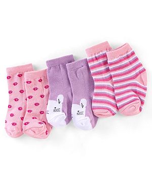 Cutewalk By Babyhug Anti Bacterial Ankle Length Socks Cat Print Pack Of 3 - Pink & Violet