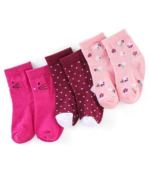 Cutewalk By Babyhug Anti Bacterial Ankle Length Socks Floral & Kitty Print Pack Of 3 - Peach Pink & Purple