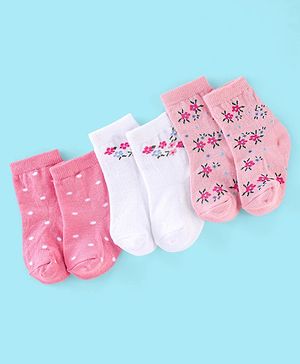 Cutewalk By Babyhug Anti Bacterial Ankle Length Socks Floral & Polka Dots Print Pack Of 3 - Pink & White