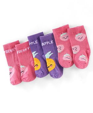 Cute Walk by Babyhug Non Terry Anti Bacterial Ankle Length Socks Fruits Design Pack of 3 - Pink & Purple