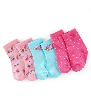 Cutewalk By Babyhug Anti Bacterial Ankle Length Socks Floral & Polka Dots Print Pack Of 3 - Pink & Blue