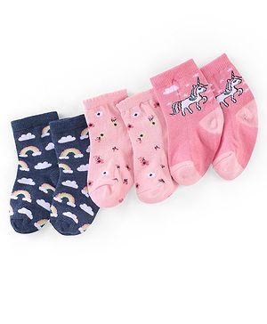 Cutewalk By Babyhug Anti Bacterial Ankle Length Socks Unicorn & Cloud Print Pack Of 3 - Pink & Blue