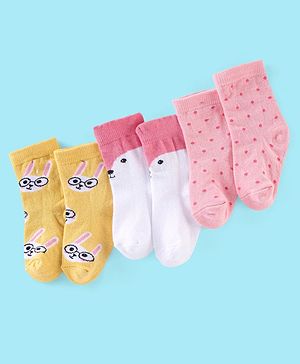 Cute Walk by Babyhug Non Terry Anti Bacterial Ankle Length Socks Kitty Design Pack of 3 - Pink White & Yellow