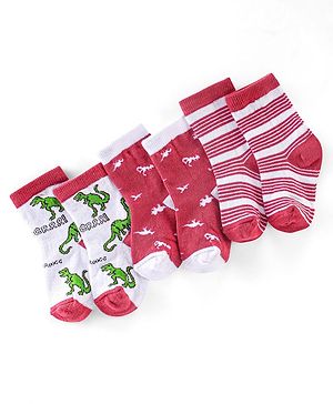 Cute Walk by Babyhug Non Terry Anti Bacterial Ankle Length Socks Dino Design Pack of 3 - Pink & White