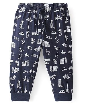Babyhug Cotton Knit Full Length Car Printed Lounge Pant - Navy Blue