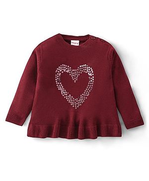 Babyhug Full Sleeves Sweater With Sequin Heart Detailing- Maroon