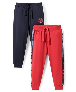 Babyhug Cotton Knit Full Length Lounge Pants With Basket Ball Print Pack Of 2 - Red & Navy Blue