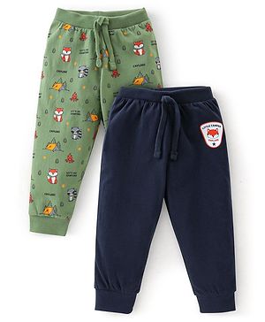 Babyhug Cotton Full Length Lounge Pants Fox Print Pack of 2 - Blue & Green