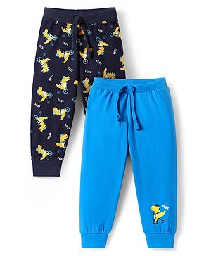 Babyhug Cotton Knit Full Length Dino Printed Lounge Pants Pack of 2 - Navy & Medium Blue