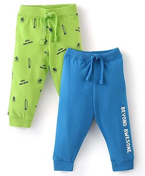 Babyhug Cotton Knit Full Length Lounge Pants with Draw Cord & Text Print Pack of 2 - Green & Blue