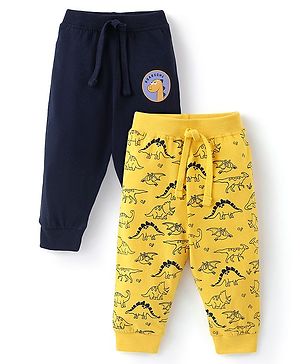 Babyhug Cotton Knit Full Length Lounge Pants with Draw Cord & Dino Print Pack of 2 - Navy & Yellow