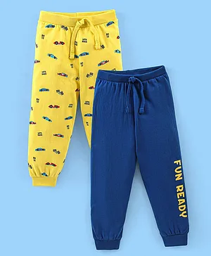 Babyhug Cotton Knit Full Length Lounge Pant Cars Printed Pack of 2 - Blue & Yellow