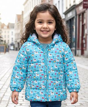 Babyhug Full Sleeves Hooded & Padded Jacket Llama Print- Blue