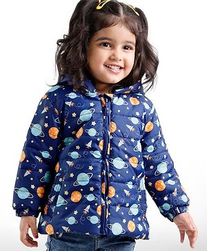 Babyhug Full Sleeves Hooded & Padded Jacket Outer Space Print- Navy Blue