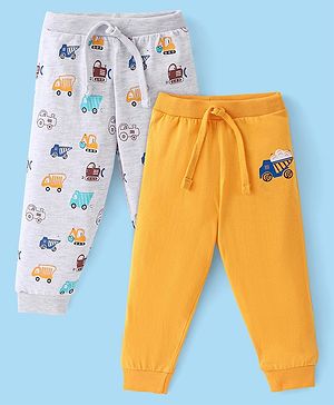 Babyhug Cotton Knit Full Length Lounge Pant Construction Vehicle Print Pack Of 2 - Yellow & White