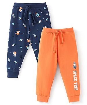 Babyhug Cotton Knit Full Length Lounge Pant Space Pack of 2 - Orange & Blue