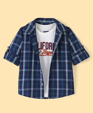 Pine Kids 100% Cotton Roll Up Full  Sleeves Check Shirt With Chest Printed Tee- Navy Blue