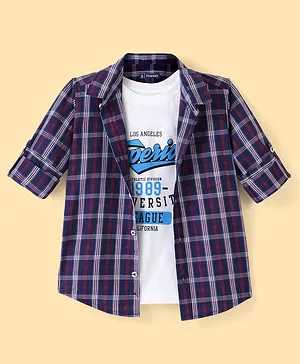 Pine Kids 100% Cotton Roll Up Full Sleeves Checkered Shirt with Inner Tee - Blue