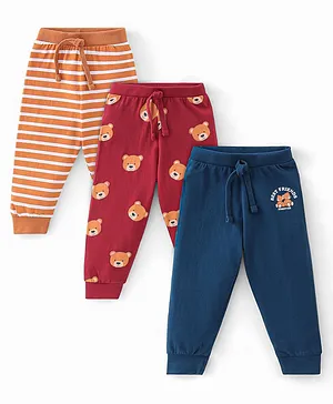 Babyhug Cotton Knit Full Length Lounge Pant With Teddy Print Pack Of 3 - Red Orange & Blue