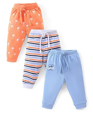 Babyhug Cotton Knit Full Length Lounge Pants With Stripes Pack of 3 - Multicolour