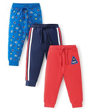 Babyhug Cotton Knit Lounge Pant Solid Color & Space Theme Pack Of 3 - Multicolor