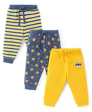 Babyhug Cotton Full Length Lounge Pant Striped & Tiger Printed Pack of 3 - Yellow & Navy Blue