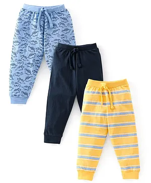 Babyhug Cotton Knit Full Length Lounge Pants Dino Printed Pack of 3 - Blue & Yellow