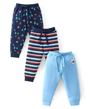 Babyhug Cotton Knit Full Length Lounge Pants Camp Fire Print Pack of 3 - Blue