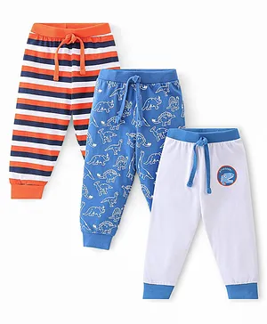 Babyhug Cotton Knit Full Length Lounge Pant With Dino Print & Striped Pack Of 3 - Orange & Blue
