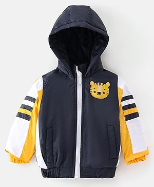 Babyhug Woven Full Sleeves Hooded Jacket With Tiger Patch - Navy Blue & White