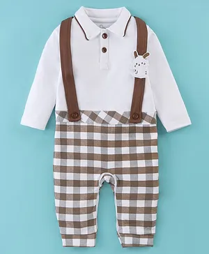 Baby GO Full Sleeves 100% Cotton Interlock Checkered Romper with Suspender - Brown & White