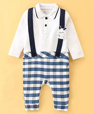 Baby GO Full Sleeves 100% Cotton Interlock Checkered Romper with Suspender - Navy & White