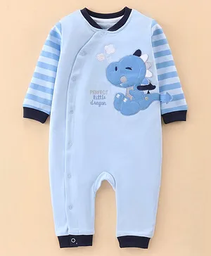 Baby Go Full Sleeves 100% Cotton Interlock Little Dino Embroidered Romper - Sky Blue