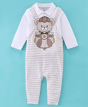 Baby GO 100% Cotton Knit Striped Dungaree Style Romper with Full Sleeves Inner Tee & Teddy Applique - Beige