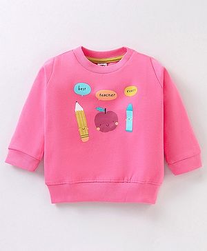 Zero Fleece Full Sleeves Sweatshirt Pencil & Apple Print Loose Fit - Pink