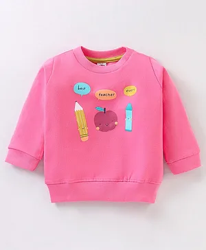 Zero Fleece Full Sleeves Sweatshirt Pencil & Apple Print Loose Fit - Pink