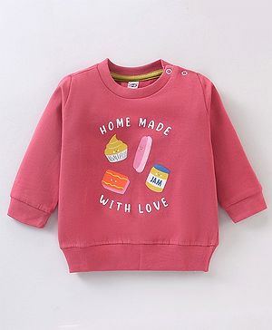 Zero Fleece Full Sleeves Sweatshirt Text & Cupcake Print Loose Fit- Pink