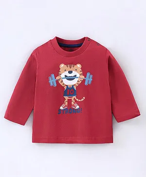 Zero Cotton Sinker Knit Full Sleeves T-Shirt Tiger Print - Red