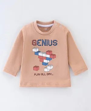 Zero Sinker Cotton Knit Full Sleeves T-Shirt Genius Print - Brown
